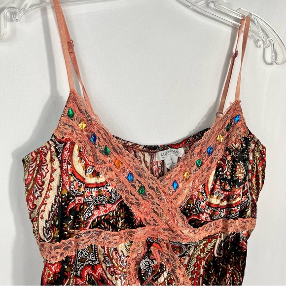 Vintage Y2K Lucy & Paris Silk & Lace Layered Colorful Rhinestone Tank Top Large - Picture 3 of 6